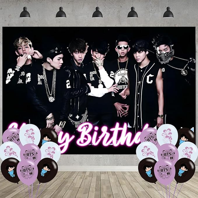 Bangtan Boys Birthday Party Decoration,Boy Band Party Photo Background 5 x 3 FT and 18 Pcs Balloon,Merch Party Backdrop Supplies