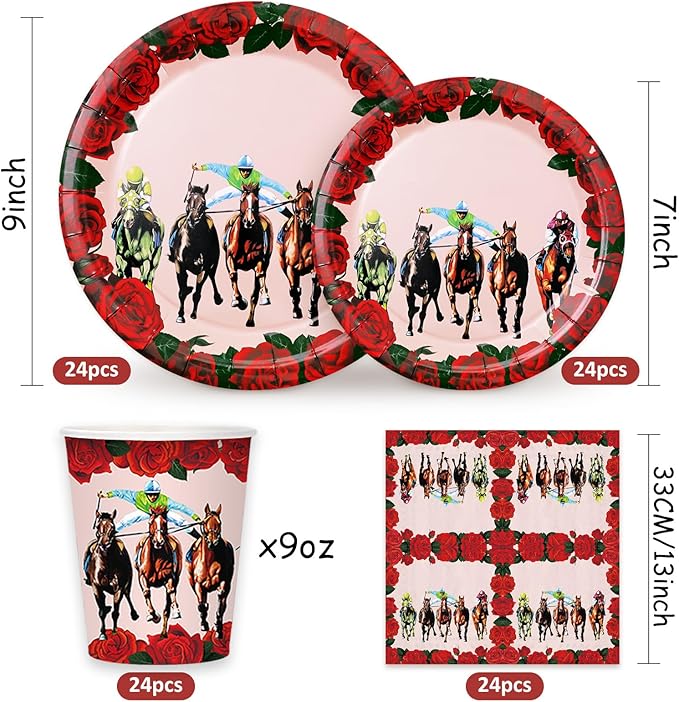 Whaline 96Pcs Derby Day Party Tableware Set with Paper Plates Napkins Cups Horsing Racing Derby Party Disposable Dinnerware Set for Horse Race Party Table Decor