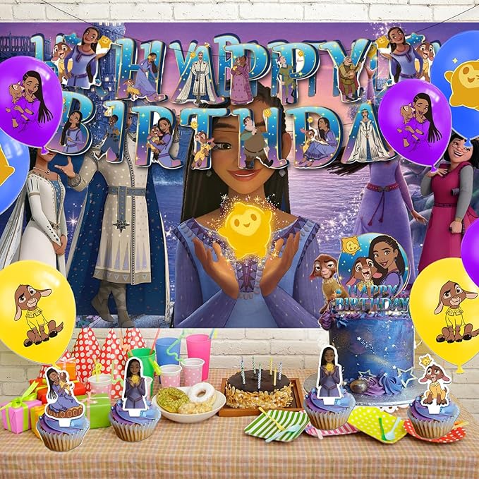 42Pack Wish Birthday Party Supplies Pack Includes，Banner，Cake Topper，Blackdrop,Balloons for Wish party supplies