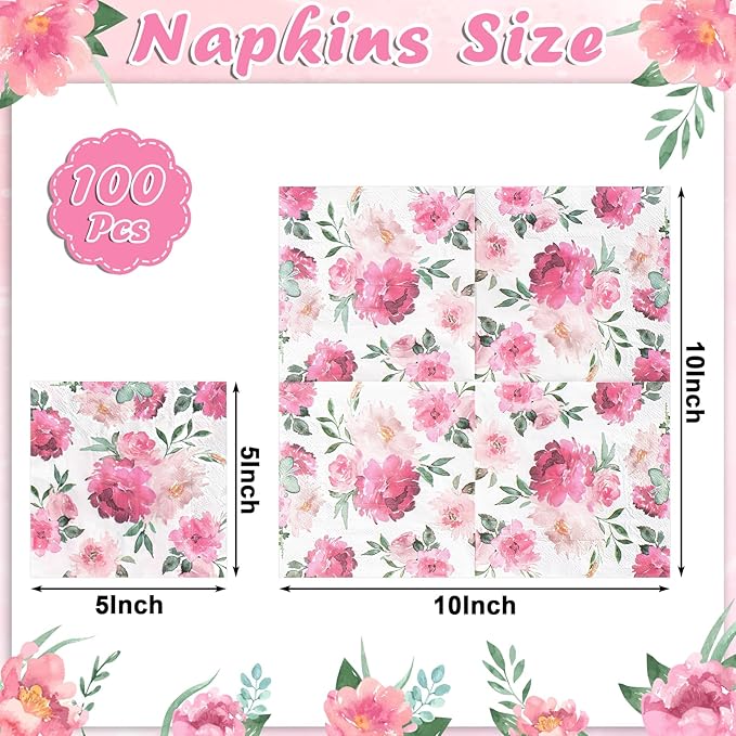 100 Pcs Pink Floral Napkins, Disposable Watercolor Flower Napkin Spring Cocktail Napkins Decorative Blossom Dinner Napkin for Tea Party, Garden Party,Baby Shower,Bridal Shower