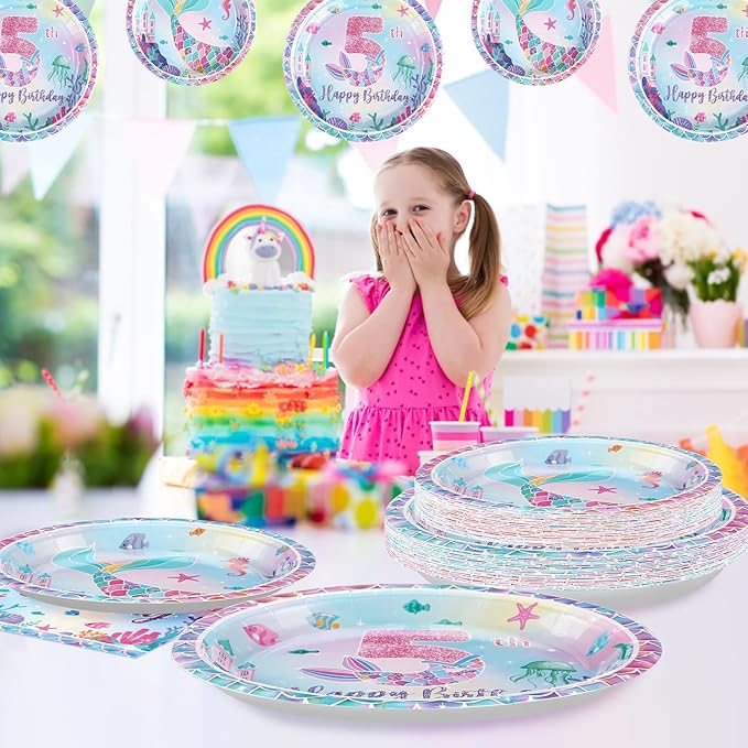 96Pcs Mermaid 5th Birthday Party Decorations Dive Into Five Party Plates and Napkins Disposable Mermaid Ocean Sea Animal Tableware Set for Girls 5 Year Old Little Mermaids Party Supplies Serves 24
