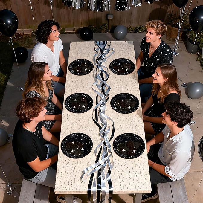 50Pcs Black Stars Paper Plates 9 Inch Space Galaxy Theme Party Disposable Plates Spaces Galaxy Birthday Decorations for Mens Boys Game Night Star Party Supplies Dinner Table Decor