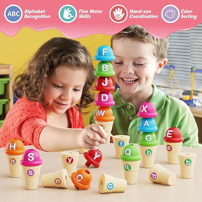 Alphabet Learning Toys,Ice Cream Toys Play Set,ABC Learning for Toddlers Kids,Matching Letter Game,Color Sorting,Montessori Fine Motor Stacking Toys,Kindergarten Preschool Learning Activities