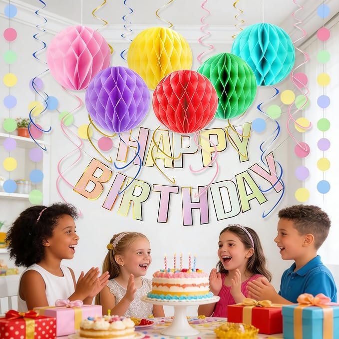 Birthday Banner Decorations with Honeycomb Balls, Stars, Circle Dots Garland Swirl Streamer Happy Birthday Party Decorations Supplies for Party(Macaron)