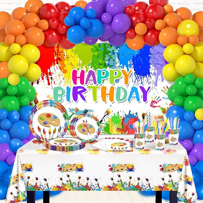 Paint Party Decorations 300 Pcs Paint Splatter Plates Napkins Cups Banner Balloons Tablecloth Colorful Graffiti Art Birthday Party Decorations Sip Party Supplies Serve 24