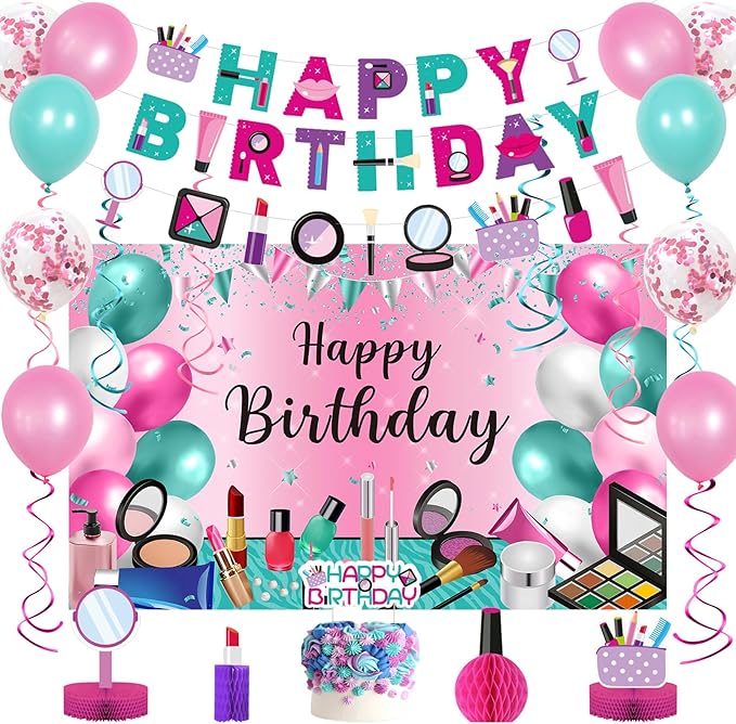 Roetyce Makeup Birthday Party Decorations - 46PCS Kit, Pink Spa Themed Birthday Supplies With Banner, Balloons, Cake Topper