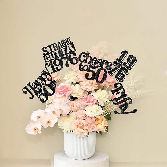 Gyufise 15Pcs Happy 50th Birthday Centerpiece Sticks Fifty Straight Outta 1976 Table Flower Centerpieces Sticks Cheers to 50 Decorations for 50th Birthday Party Supplies Black