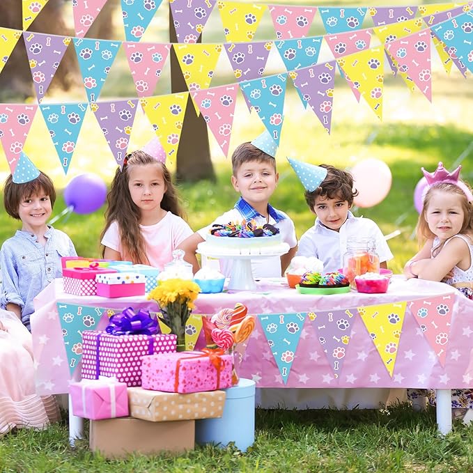 Tiamon 5 Pcs Blue Dog Paw Themed Birthday Banner Decoration Daisy Puppy Print Pennant Bunting 49.2 Ft Puppy Paw Print Triangle Flag for Kids Boy and Girl Birthday Dog Baby Showers Party Decoration