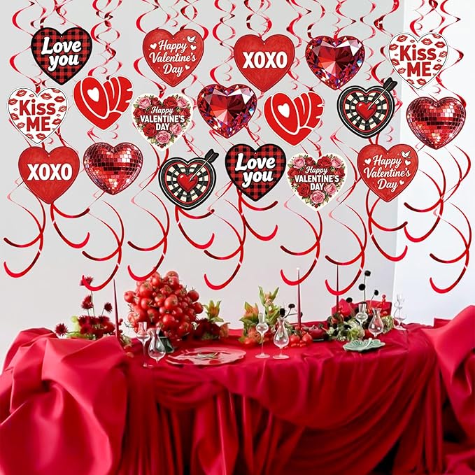 48 Pcs Red Heart Hanging Decor Set with Diamond, Disco Ball, Dartboard & XOXO Designs – Romantic Swirl Streamers for Valentine's Party, Anniversary, Holiday Celebration