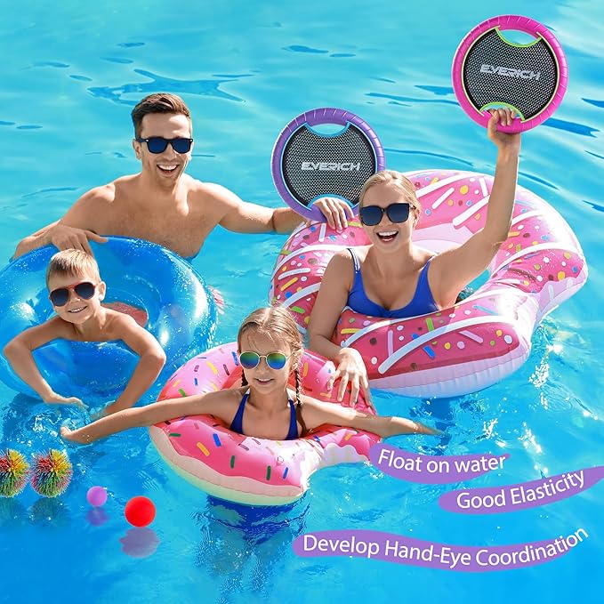 EVERICH TOY Trampoline Paddle Ball Set with 2 Bouncy Paddles & 4 Balls - Soft Foam Design for Kids Play Indoor Outdoor Beach Backyard Lawn - Great Gift Idea for Boys & Girls (Pink & Purple)
