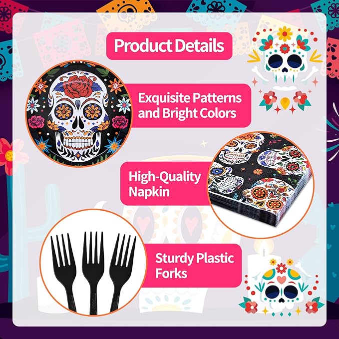 96 Pieces Day of the Dead Tableware Set - Mexican Sugar Skull Pattern Disposable Plates, Napkins, and Forks for Dia de los Muertos, Halloween, Fiesta, and Cultural Celebrations – Serves 24