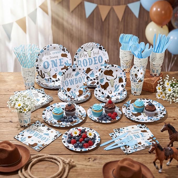 450 Pcs My First Rodeo Birthday Tableware Set Decorations Western Cowboy 1st Rodeo Paper Plates Disposable Napkins Cups Cutlery Straws for Boy Baby Shower Party Supplies, Serves 50