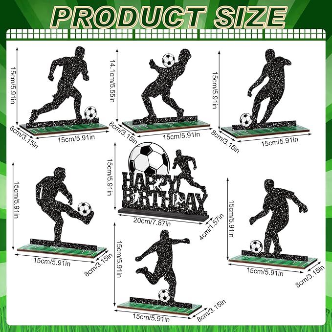 Geetery 7 Pcs Soccer Table Top Decorations Centerpieces Soccer Ball Happy Birthday Wooden Signs Player Silhouette Detachable Gifts for Football Fans Club Sports Theme Party Supplies