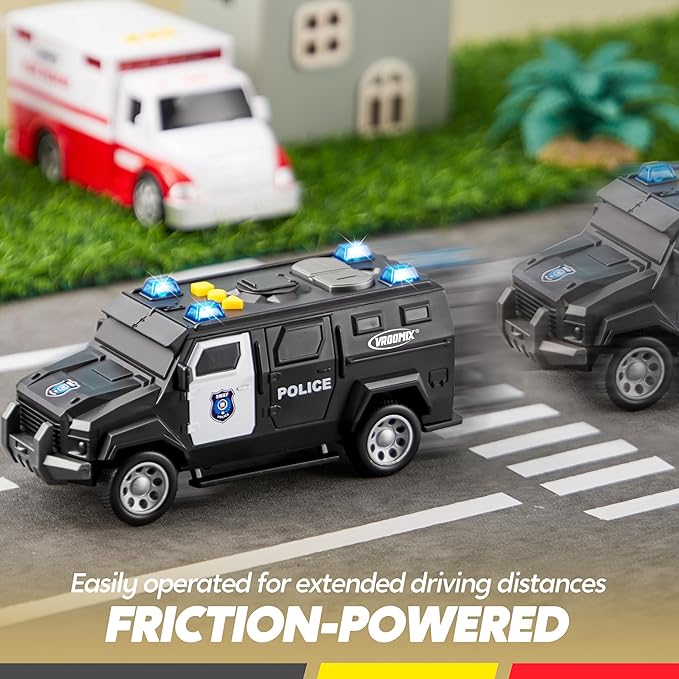 JOVA Emergency and School Vehicle Toy Set – Friction Powered Police Car, Ambulance, Bus with Lights and Sounds – Educational and Safe Toy for Kids, Birthday Gift Boys and Girls