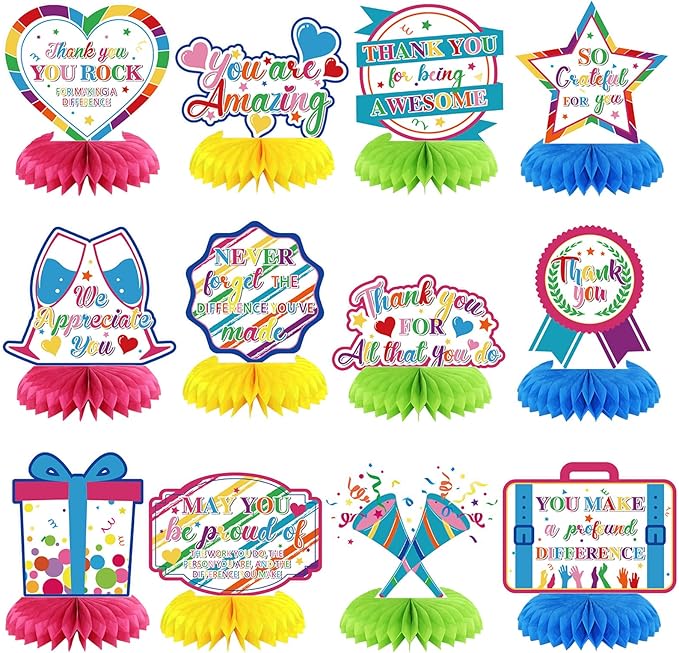 12 Pcs Thank You Decorations Honeycomb Centerpiece Employee Appreciation Decor We Appreciate You Table Decorations Thank Table Topper for Doctor Employee Party Supplies(Colorful)