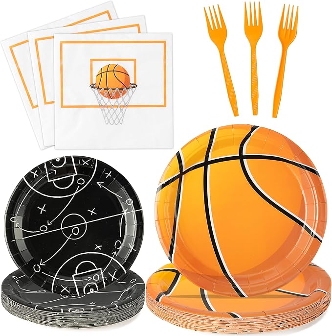 96Pcs Basketball Party Plates Supplies Sports Theme Tableware Decorations Disposable Paper Plates Napkins Forks for Team Celebrations Birthday Party, Serves 24