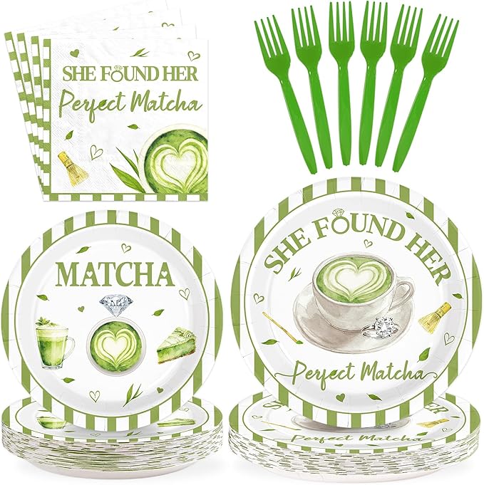 96Pcs Green Matcha Party Supplies She Found Her Perfect Matcha Plates and Napkins Green White Tableware Set for Bridal Shower Wedding Engagement Anniversary Party Decorations Serves 24