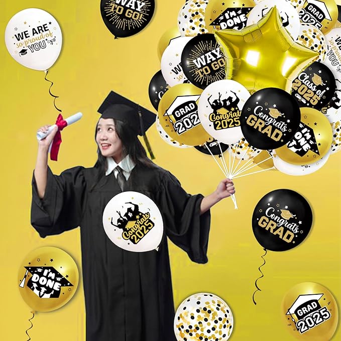 Black Gold Graduation Balloons Class of 2025 Graduation Decorations Class of 2025 Black Gold Graduation Party Decorations-12 Inch
