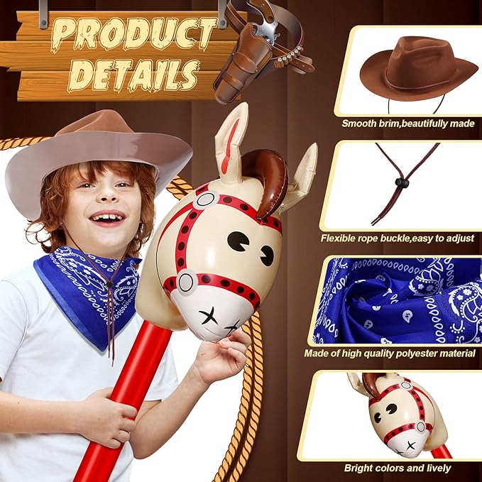 Xtinmee 36 Pcs Cowboy Party Costume Set, Cowboy Hats Paisley Bandanas Inflatable Stick Horses Kids Party Supplies