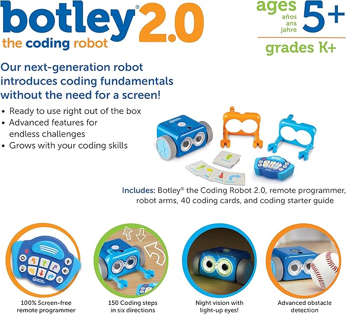 Learning Resources Botley The Coding Robot 2.0 - Robot Toy Gift Set, No-Screen Coding for Kids 5-7, STEM Robotics Kit for Beginners, Early Programming for Boys and Girls