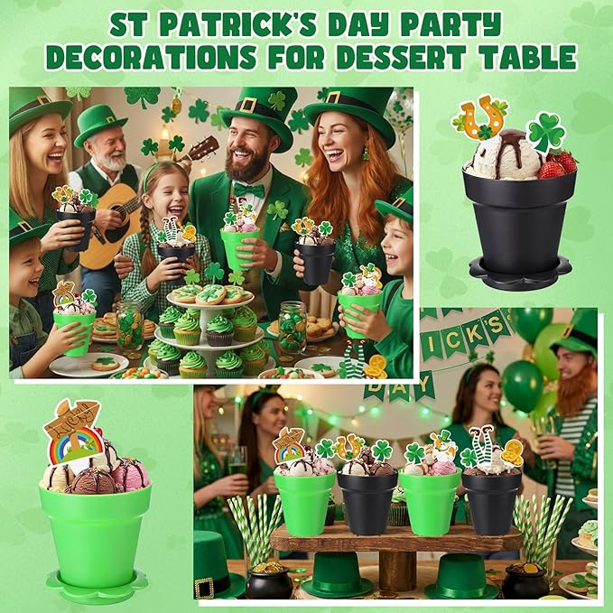 24 Sets St. Patrick's Day Cupcake Pots Kit 24 Plastic Dessert Cups with 78 Shamrock Lucky Cupcake Toppers Irish Party Decoration for Dessert Cake Ice Cream Party Activities Supplies