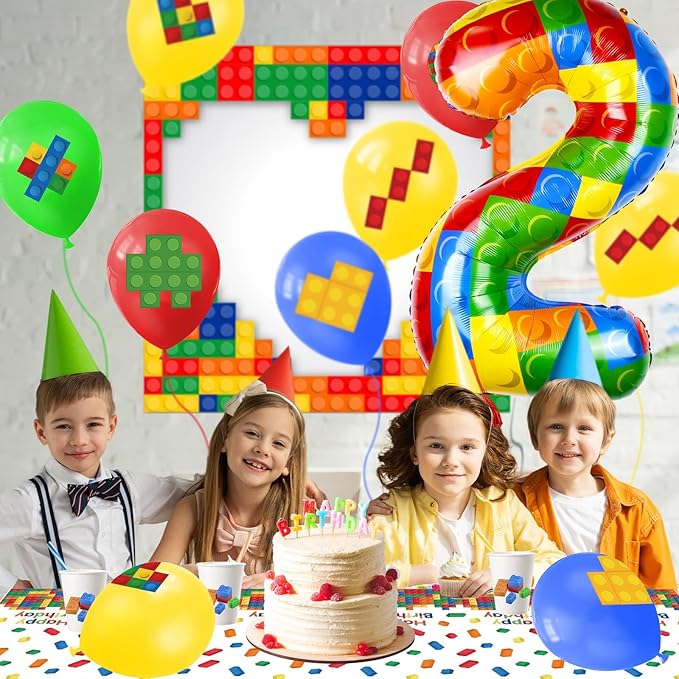 40 Inch Building Block Number Balloon, Colorful Number Block Foil Number 2 Balloons Large Big Numbers Helium Balloon for Girls Boys 2th Birthday Brick Theme Party Decorations (Number 2)