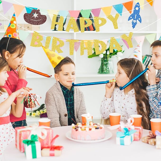 Glitter Toy Theme Happy Birthday Banner Cartoon Story Birthday Party Decorations Toy Inspired Game Space Theme Kids Birthday Banner Two Infinity and Beyond Bday Party Supplies