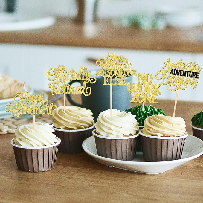 30 PCS Happy Retirement Cupcake Toppers Officially Retired Cupcake Picks No Work Zone Adventure Begins Cake Decorations for Retirement Theme Farewell Birthday Party Supplies Gold