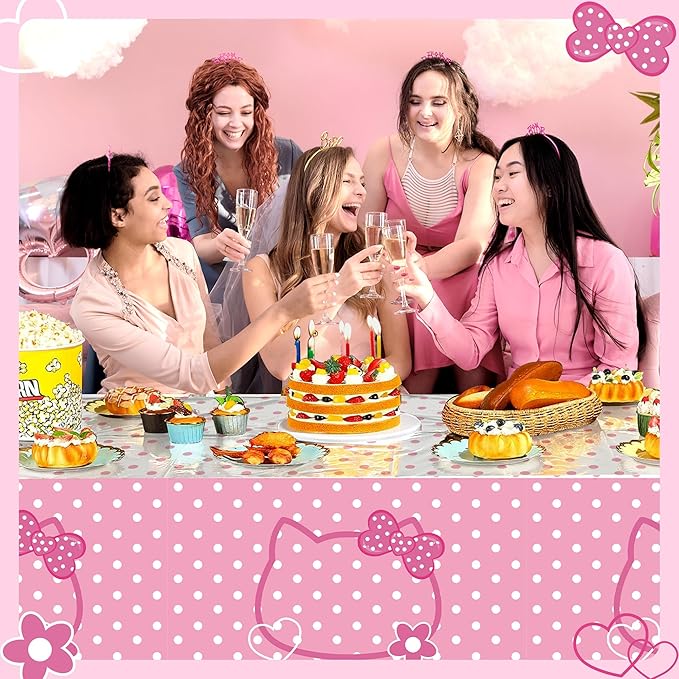 3CT Pink Bow Kittens Party Supplies Tablecover, Cute Kitten Dot Tablecloth, Rectangle Disposable 54×108in White Pink Stainproof Party Decor for Girls’Birthday, Baby Shower, Wedding, Bachelor