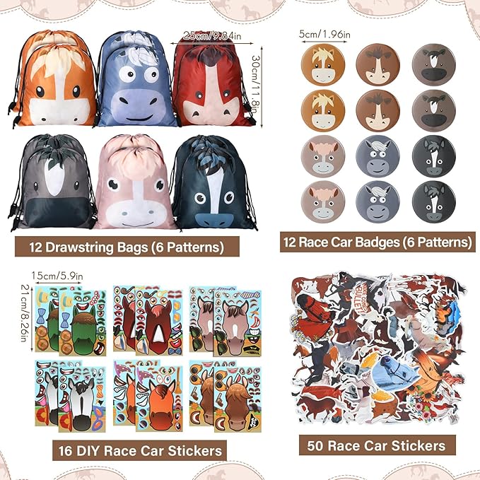 Liliful 114 Pcs Horse Themed Party Favor Supplies with Drawstring Bag Keychain Rubber Wristbands Badges Puzzle Stickers Notepads Soft Pencils Simulated for Horses Party Decoration