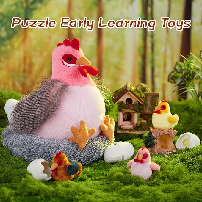 8Pcs Chicken Stuffed Animal, Stuffed Pink Hen with Little Baby Chicks and Coop, Plush Toys for Kids, Hit of Christmas Farm Party