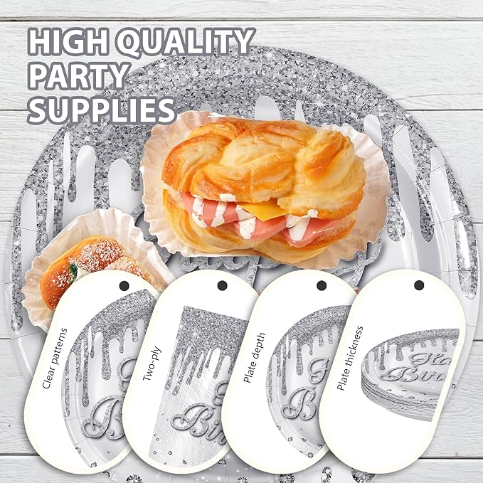 96 Pcs Silver Glitter Party Supplies Silver Plates and Napkins Glitter Diamonds Theme Birthday Decorations for Denim and Diamonds Wedding Silvers Birthday Party Decorations Serves 24