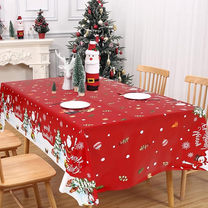 Staraise 3PCS Christmas Tablecloth, Red Rectangular Plastic Christmas Tablecloth, Winter Snowflake Snowman and Santa Claus Disposable Table Cover for Party Picnic Dinner Decor, 51.2X 86.6inch