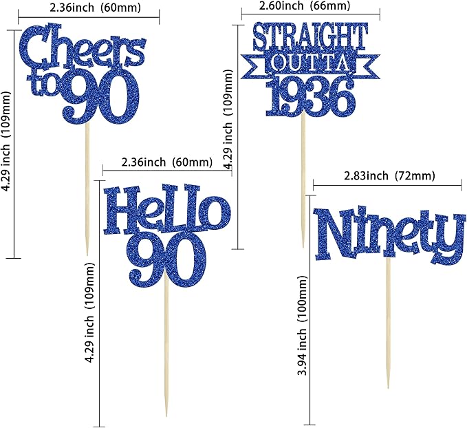 Ephlyn 24Pcs Happy 90th Birthday Cupcake Toppers Glitter Straight Outta 1936 Cupcake Picks Hello 90 Cheers to 90 Years Birthday Cake Decorations for 90th Anniversary Party Supplies Blue