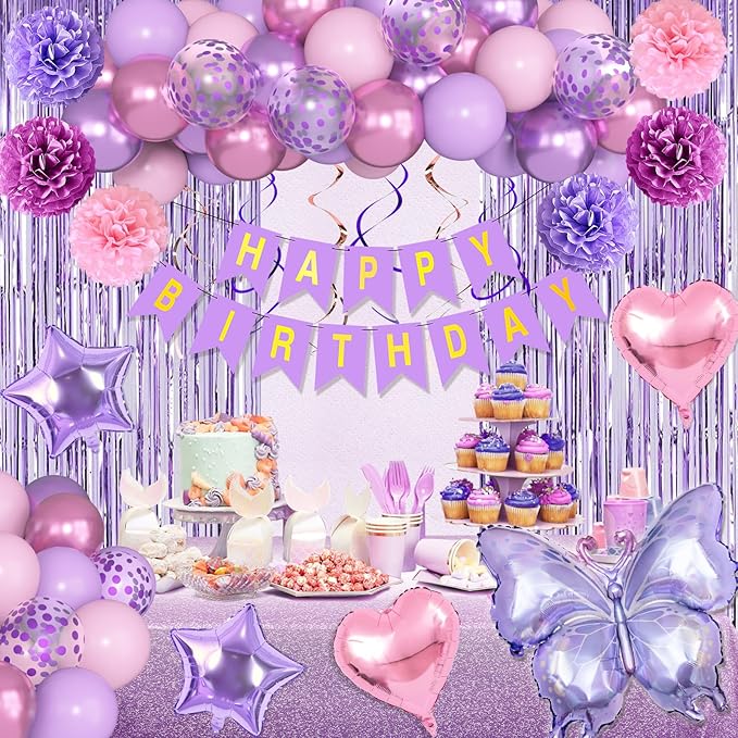 Ouddy Life Purple Pink Birthday Party Decorations for Women Girls, Butterfly Heart Foil Confetti Balloons Happy Birthday Banner Fringe Curtains Hanging Swirls Sash Crown Paper Poms Decor