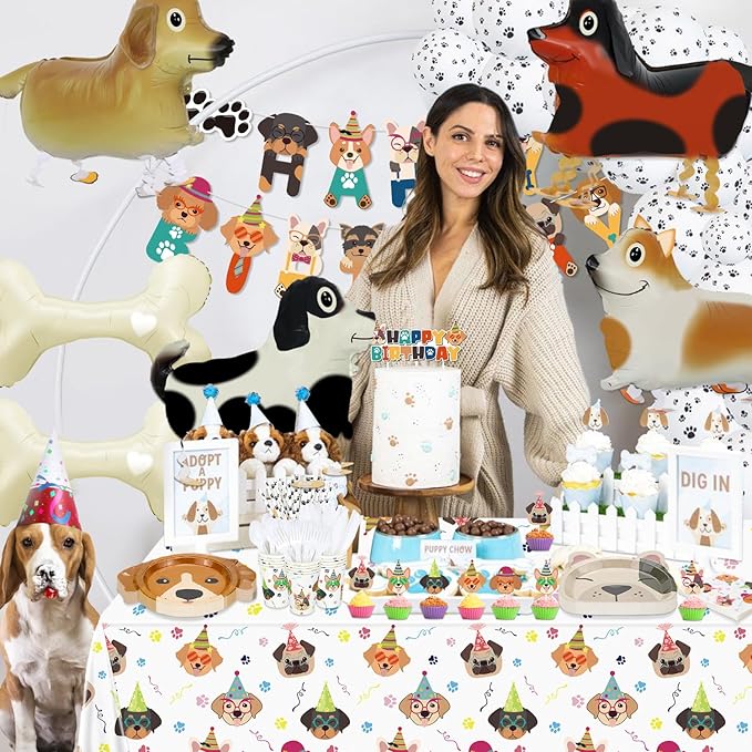 Dog Birthday Party Supplies - Cut Puppy Dog Paw Party Supplies for Doggy, Kids, Birthday Includes Plates, Cups, Napkins, Tableware, Tablecloth, Banner, Balloons, Cake Toppers - Serves 20