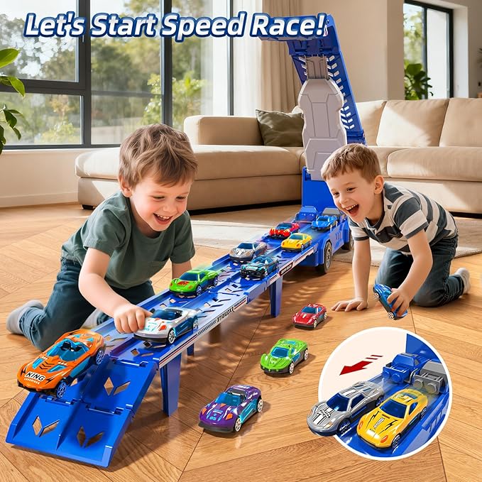 Truck Toys for Kids, Transport Vehicle with 12 Die-Cast Car, Double Race Car Track Cars Ramp Toy, Carrier Truck for Toddler 3-5, Christmas Birthday Gift for 3 4 5 6 7 8 Years Old Boys Girls