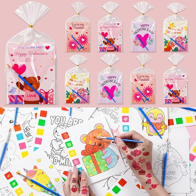 Valentines Day Gifts for Kids, 120Pcs Water Coloring Books & 320Pcs Temporary Tattoos Bulk with Valentines Day Cards for Kids Classroom School Preschool Party Favors Valentine Toddlers Crafts Prizes