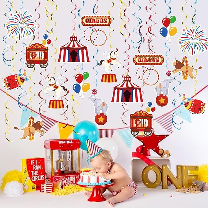 Carnival Hanging Swirl Set Party Decorations, 48 Pcs, Circus Joker Balloon Party Supplies Sign,Red Blue Yellow