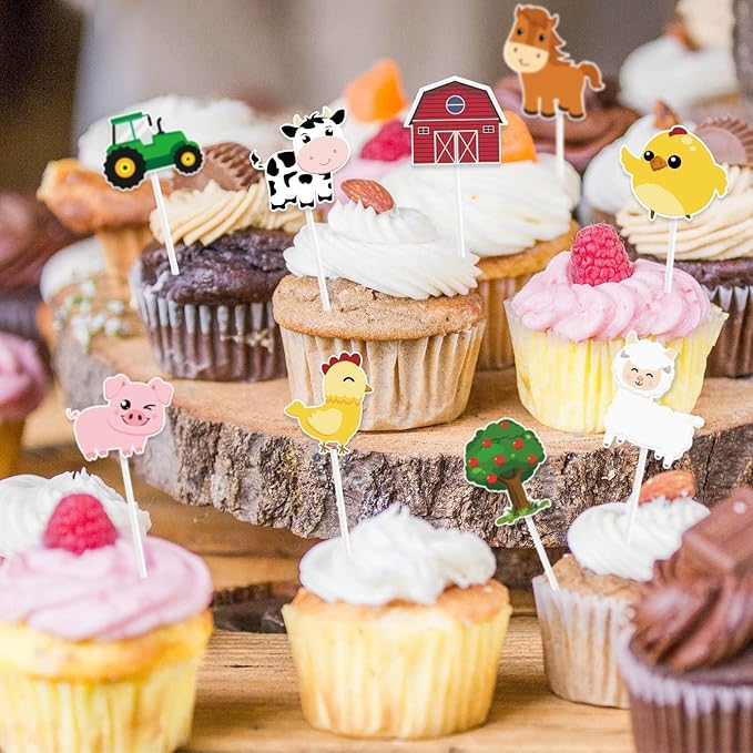 WERNNSAI 36 PCS Farm Cupcake Toppers - Farm Animal Birthday Decorations Animal Cake Toppers Picks Barnyard Party Decorations for Kids Baby Shower Birthday Tractor Theme Party Supplies