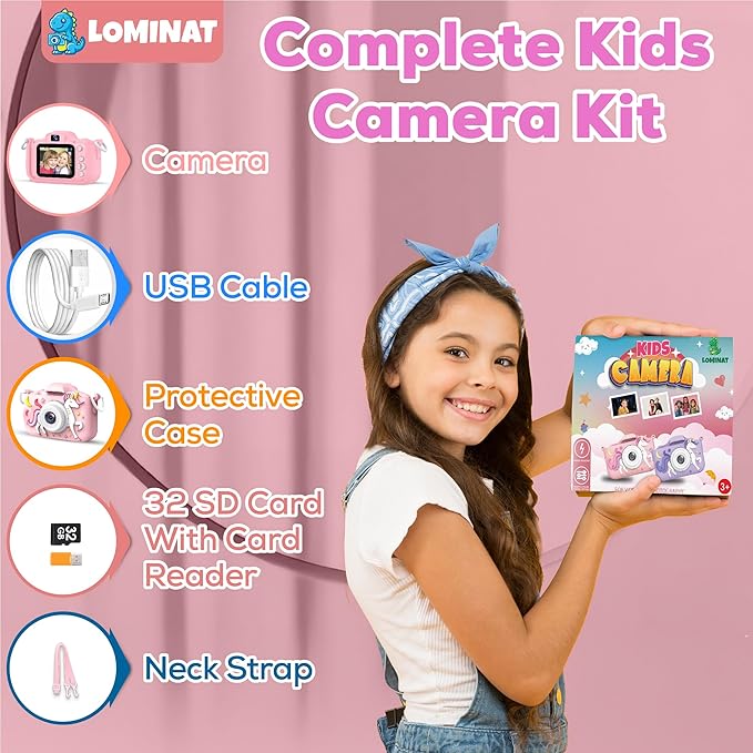 Unicorn Kids Camera for Girls Age 3-12, Selfie Camera for Girls, 1080P HD Kids Video Camera – Christmas Birthday Gift for 3 4 5 6 7 8 Year Old, Toy Digital Camera for Toddlers with 32GB SD Card – Pink