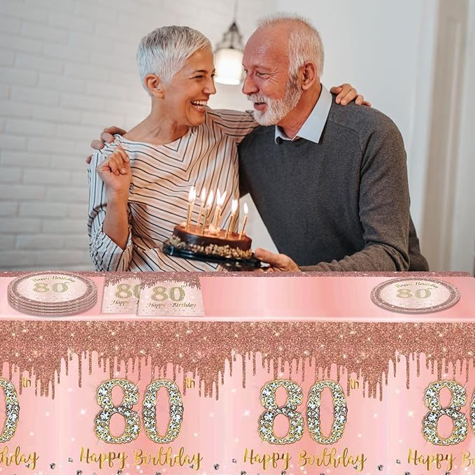 41PCS 80th Birthday Decoration for Women Rose Gold 80 Years Birthday Paper Plates and Napkins Set 80th Birthday Tablecloth for 1946 Decor Cheers to 80 Years Old Birthday Party Favors