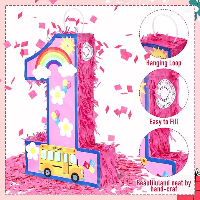 Number 1 Piñata Cartoon English Teacher 1st Birthday Piñata Party Decoration Pink Animation Themed Decor with Stick Blindfold Mask Confetti for Birthday Baby Shower Celebration Supply