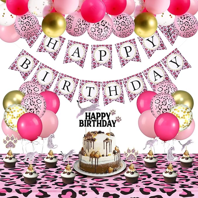 Civaner 51 Pieces Pink Cheetah Birthday Decorations Including Cheetah Birthday Banner Theme Balloons Leopard Cake Topper Safari Animal Print Tablecloth and Ribbon for Baby Shower Party Supplies