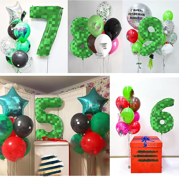 40 Inch Giant Green Pixel Miner Theme Number Foil Balloons Large MIning Number 8 Balloons Party Balloons Birthday Party Decorations Supplies Number 0-9 Available for Kids' Birthday Anniversary Party