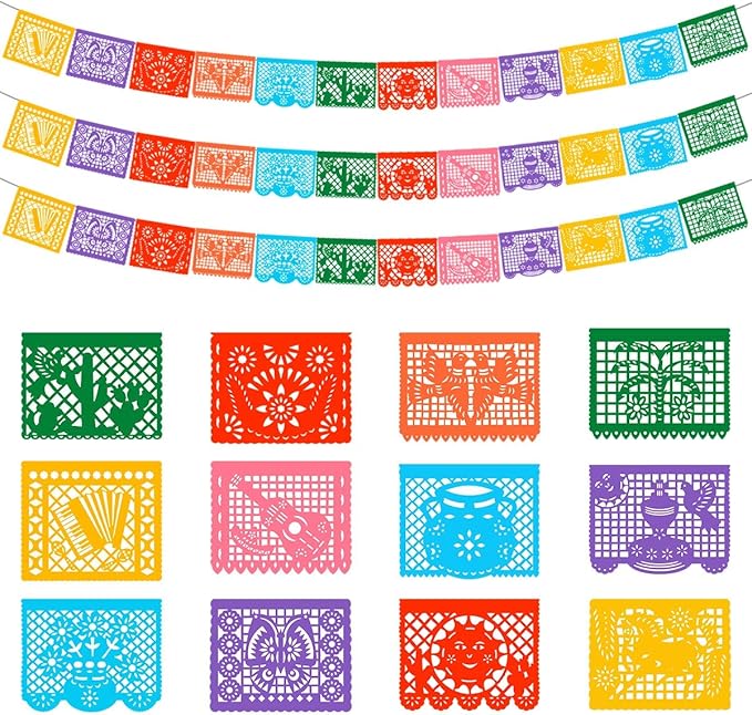 3 Packs Mexican Banners, 66 Ft(22ft x 3) Papel Picado Banner, Large Plastic Mexican Fiesta Banners Cinco de Mayo Party Fiesta Decorations Mexican Themed Birthday Party Supplies 12 Patterns with String