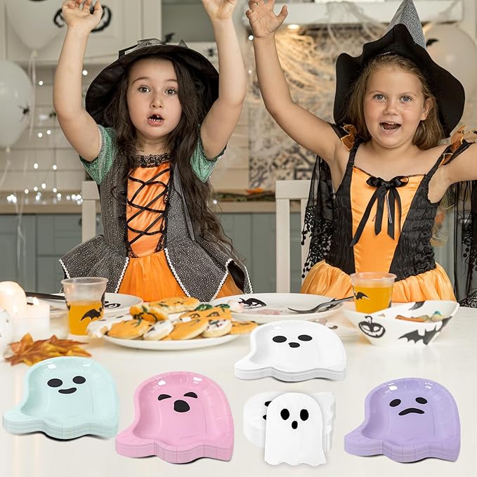 180Pcs Halloween Ghost Party Supplies Paper Plates and Napkins Serve 60 Disposable Tableware Set for Birthday Party Decorations Game Day Family Holiday Sports Events