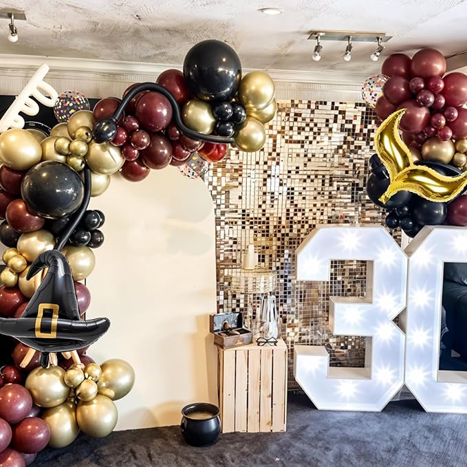 Black Burgundy Balloons, 12 Inch Maroon Black Gold Confetti Balloons with DIY Hat and Gold S-shaped Foil Balloon for Boy Girl Birthday Party Graduation Baby Shower Decorations