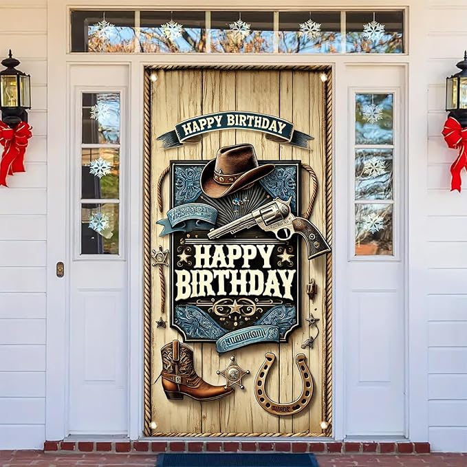 Western Cowboy Door Cover Banner 70 x 35 Inch Decoration West Boy Theme Door Cover Western Birthday Party Photography Background Decor Backdrop West Barn Door Sign Banner