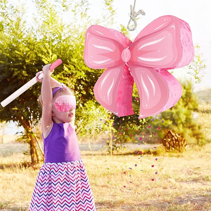 Hooqict Pink Bow Pinata with Blindfold and Bat Stick Pink Girls Pinata for Birthday Party Girls Kids Bow Birthday Party Supplies Decorations (Small Size 16"x13"x3")